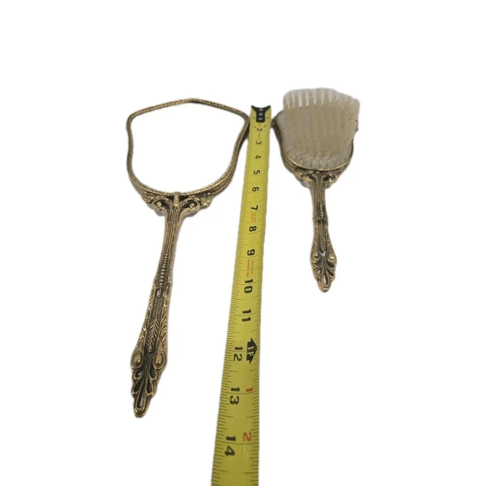 Antique 24kt Gold-Plated‎ Vanity Dresser Set with Hand Mirror and Brush